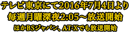 テレビ東京にて2016年7月4日より毎週月曜深夜2:05～放送開始ほかBSジャパン、AT-Xでも放送開始